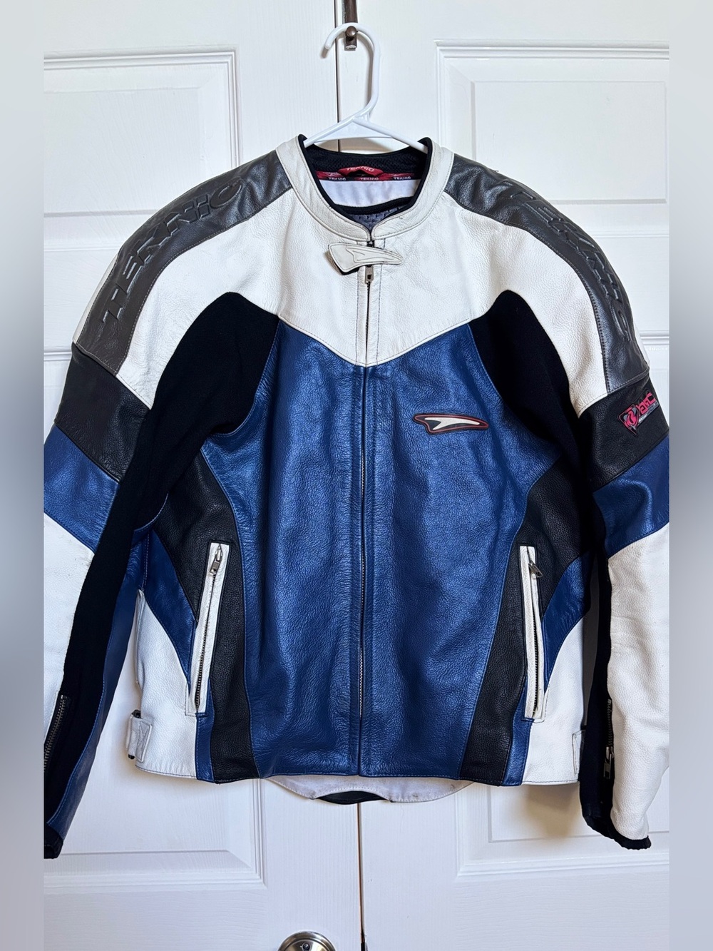 Teknic Leather Motorcycle Jacket Mens 46 Blue White Black Racing Removable Liner